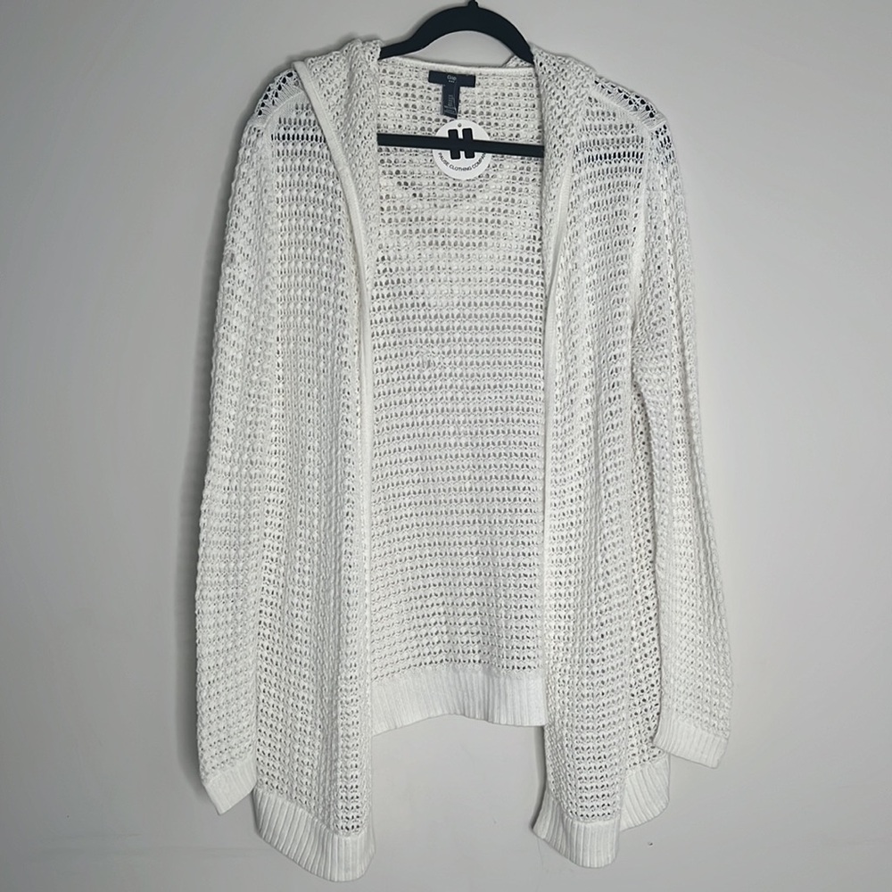 Women's White Open-Knit Sweater Gap Hooded Open Cardigan with